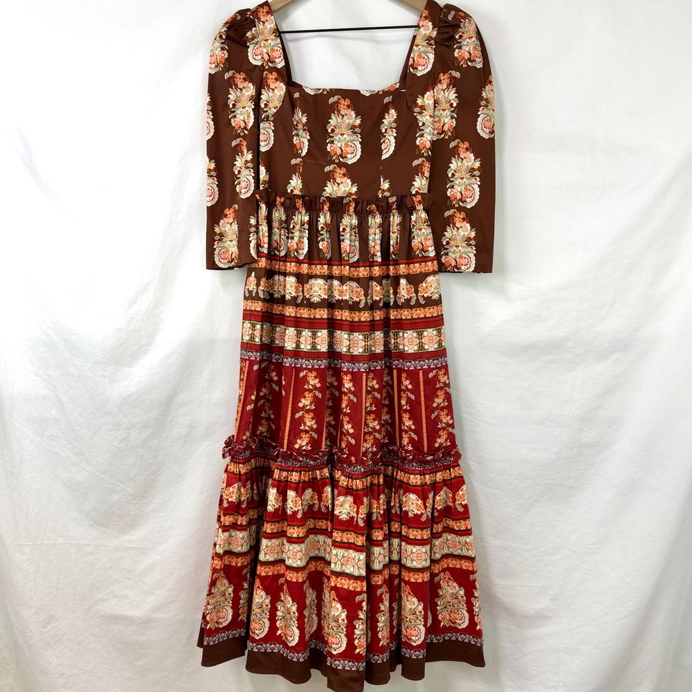 CARA CARA Blue Hill Midi Dress Brown Red Floral Printed Cotton Sateen Women's 0